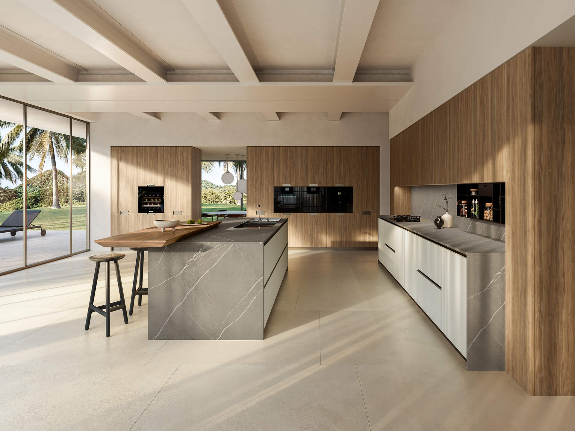 Cuisine sur mesure aux façades bois et îlot central